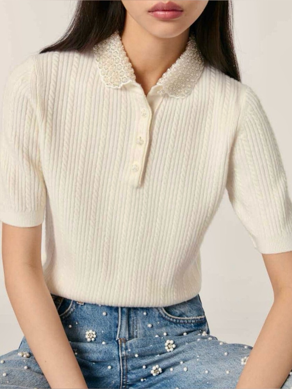 MAJE Embellished Pearl Beaded Peter Pan Collar Short Sleeve Sweater Top 0/XS
